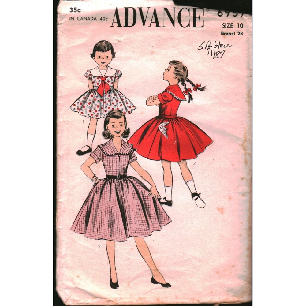 Vintage Advance 6957 Girls Dress Sewing Pattern Size 10 Big Collar Full Skirt